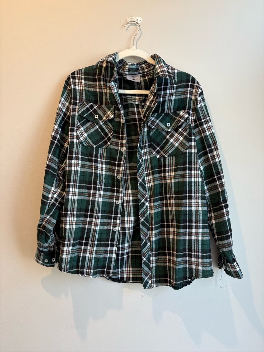 Centro Dark Green, Black and White Plaid Flannel Button-Down Shirt